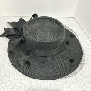 Vintage Betmar Plaza Suite ladies black wide brim straw hat fascinator bow derby